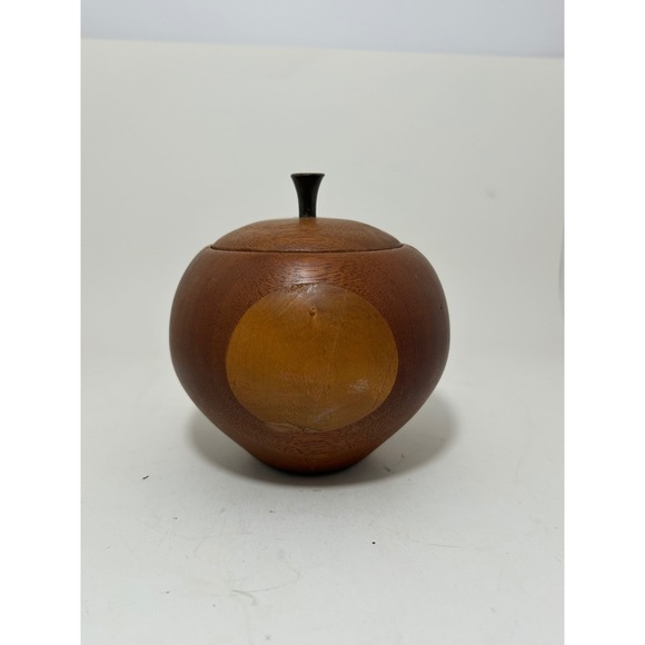 Other - Vintage MCM Hand Turned Mixed Wood Inlay Apple Jar with Lid Brown Striped
